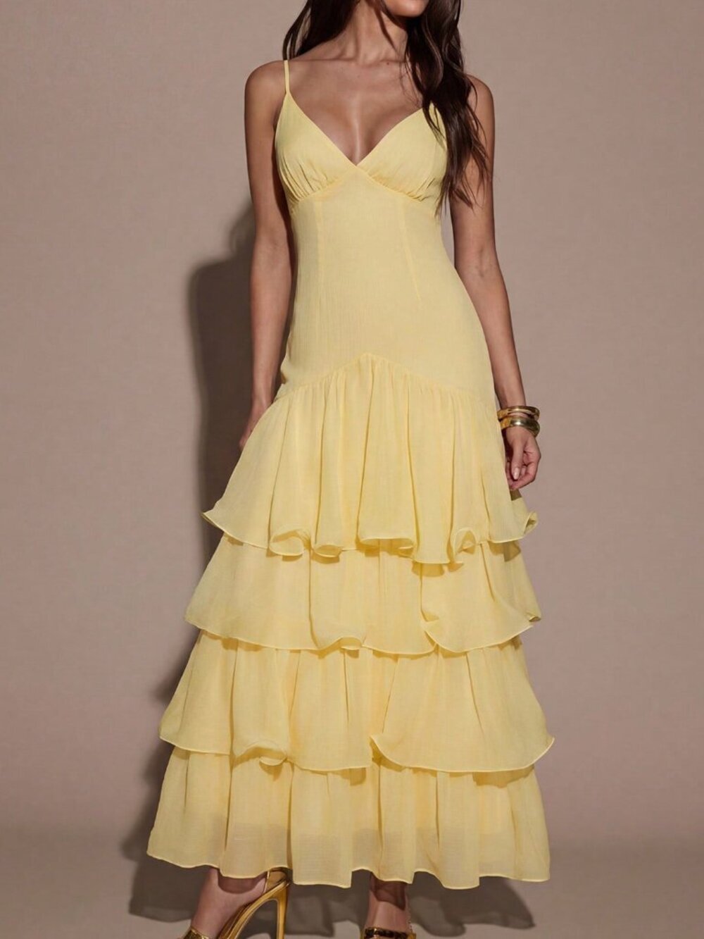 Yellow Sexy Women's Layered Ruffle Hem Spaghetti Strap Dress